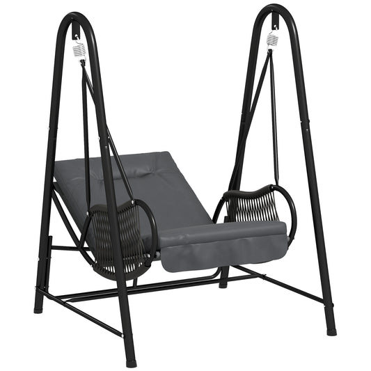 Rattan Swing Chair with Stand and Seat Cushion, Dark Grey