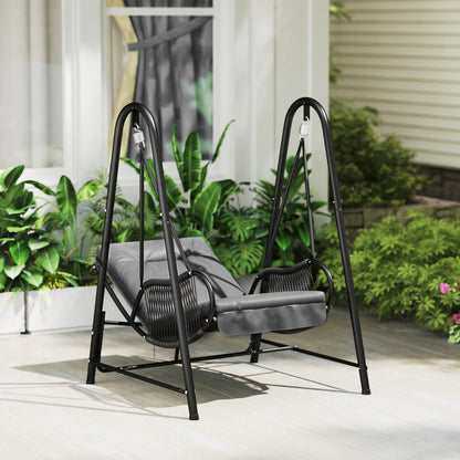 Rattan Swing Chair with Stand and Seat Cushion, Dark Grey