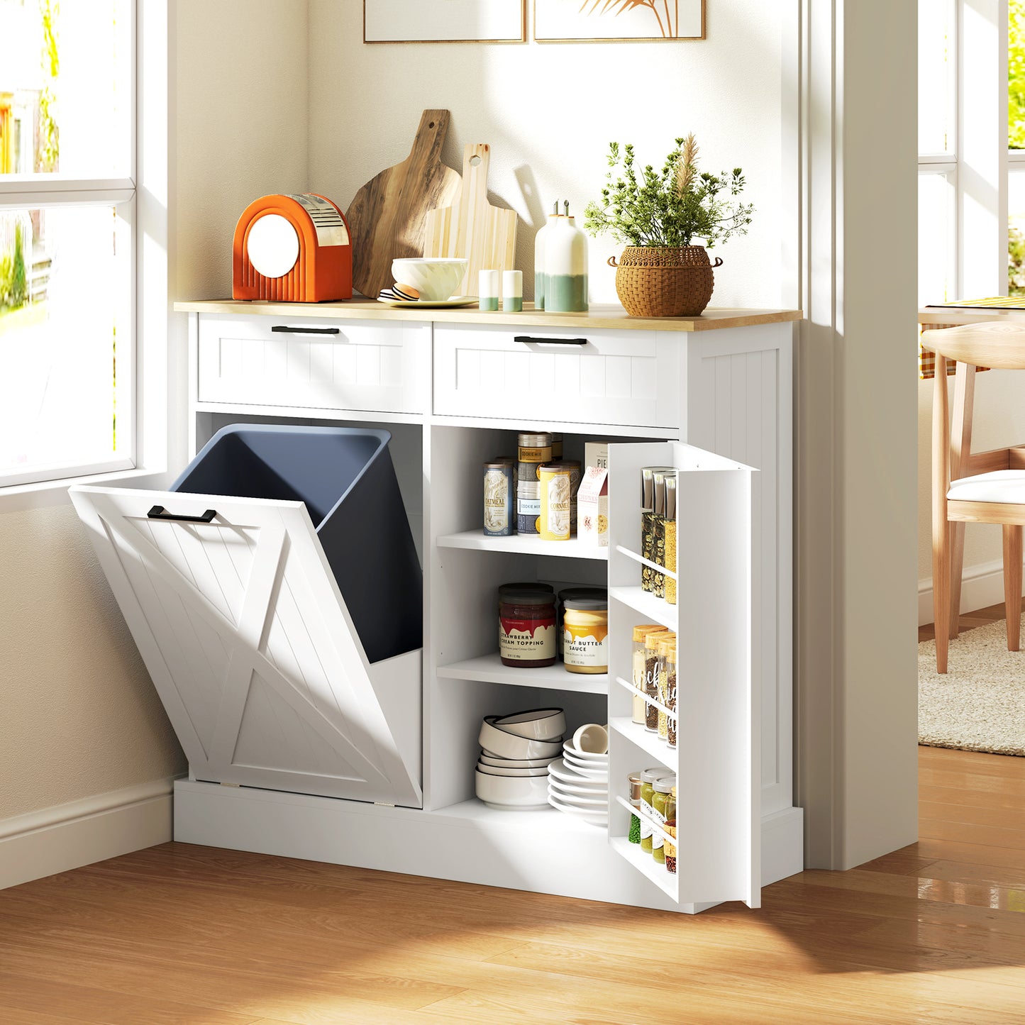 Sideboard with Trash Bin, Farmhouse Kitchen Sideboard with 2 Drawers