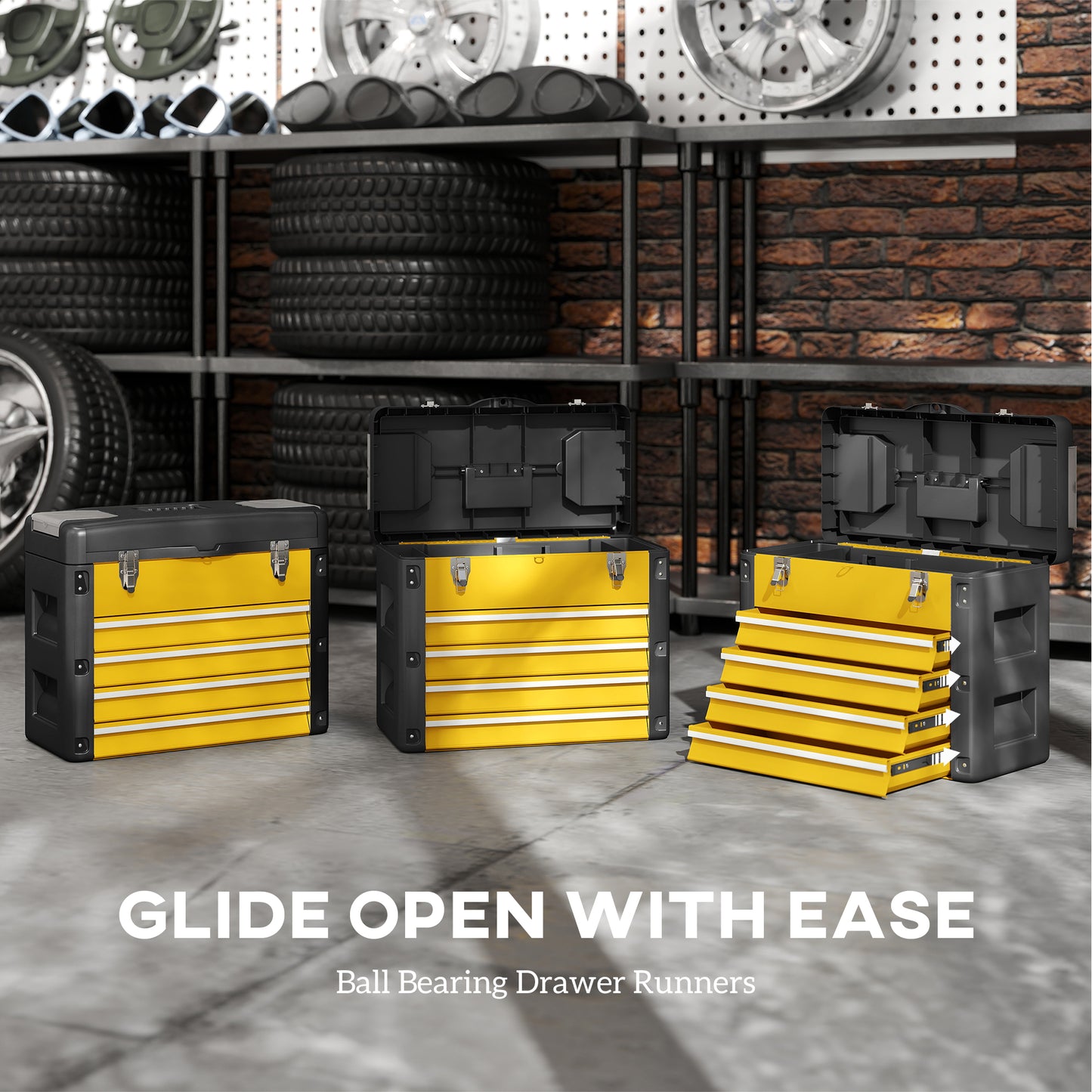4 Drawers Large Tool Box, Steel Toolbox with Handle, Yellow
