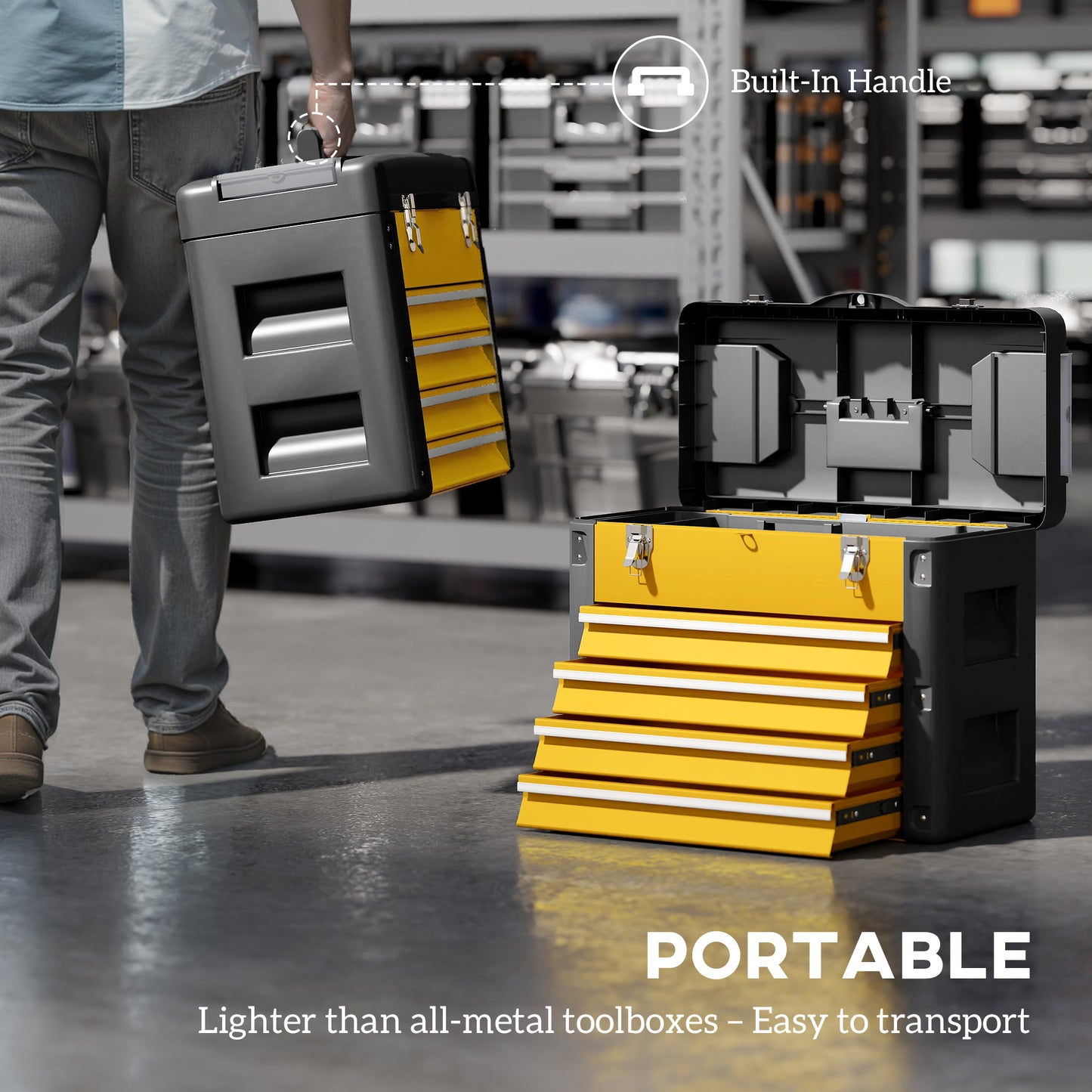 4 Drawers Large Tool Box, Steel Toolbox with Handle, Yellow