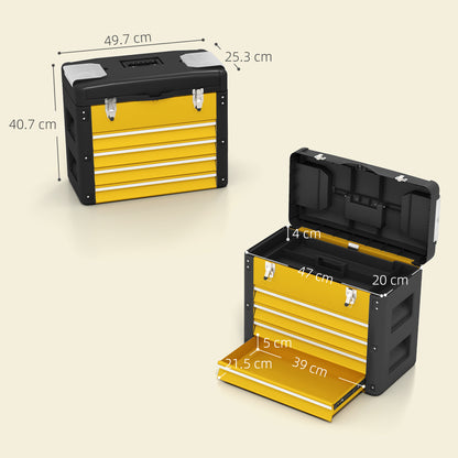 4 Drawers Large Tool Box, Steel Toolbox with Handle, Yellow