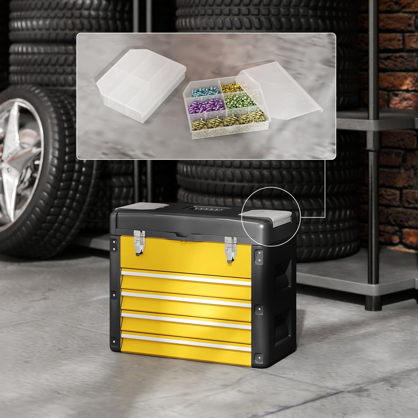 4 Drawers Large Tool Box, Steel Toolbox with Handle, Yellow