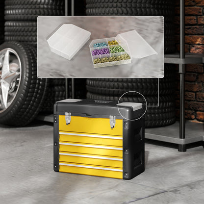 4 Drawers Large Tool Box, Steel Toolbox with Handle, Yellow