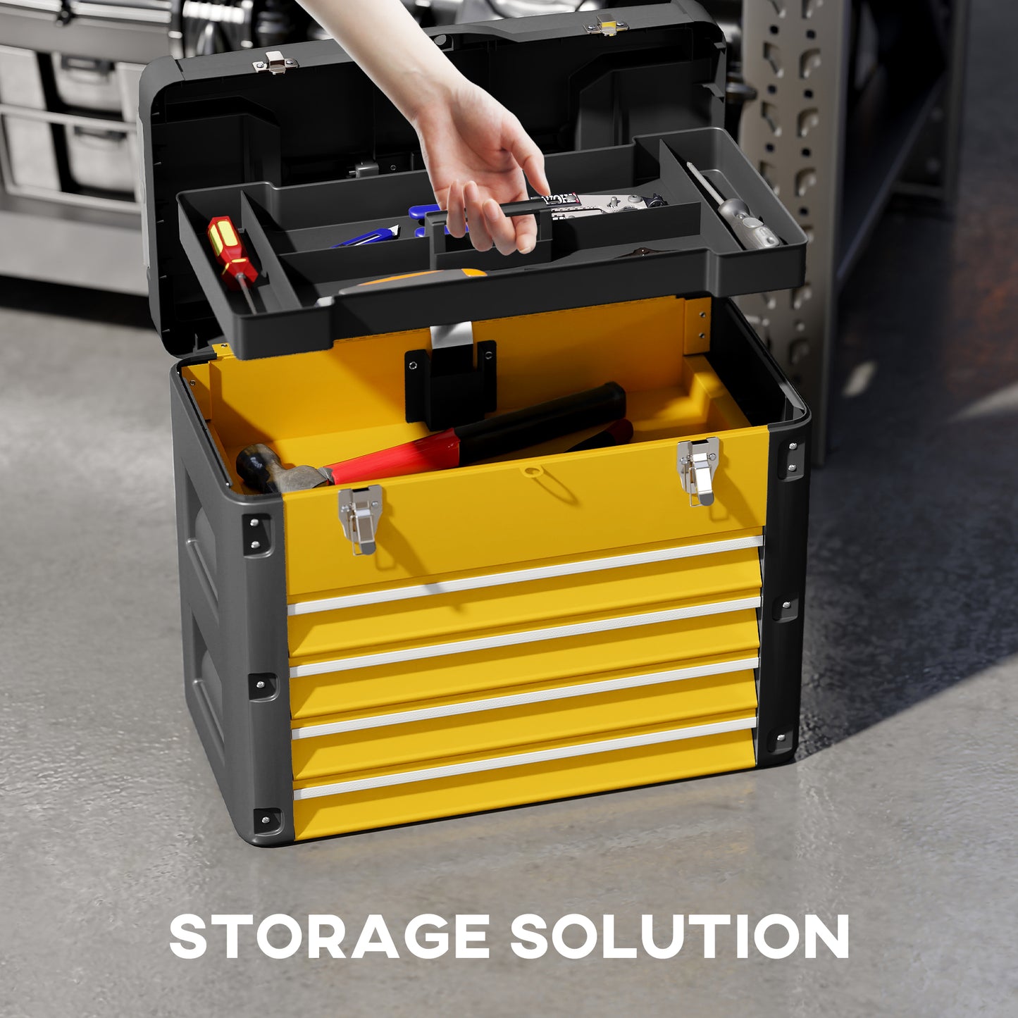 4 Drawers Large Tool Box, Steel Toolbox with Handle, Yellow