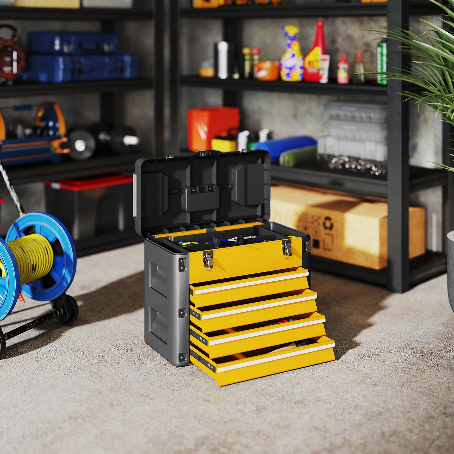 4 Drawers Large Tool Box, Steel Toolbox with Handle, Yellow