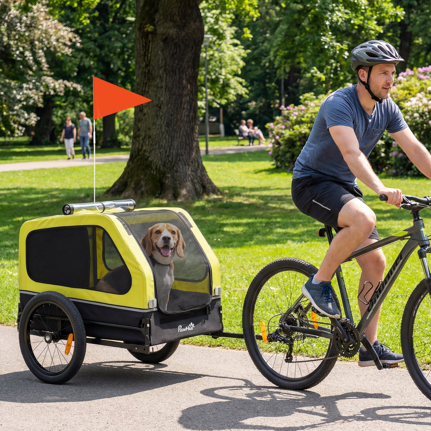 Dog Bike Trailer Support Up to 20 kg, Dog Bicycle Carrier, Easy Store Cart with Quick Release Frame, Flip-Down Ramp Tailgate, Universal Bicycle Coupler, Reflectors, Flag, Yellow