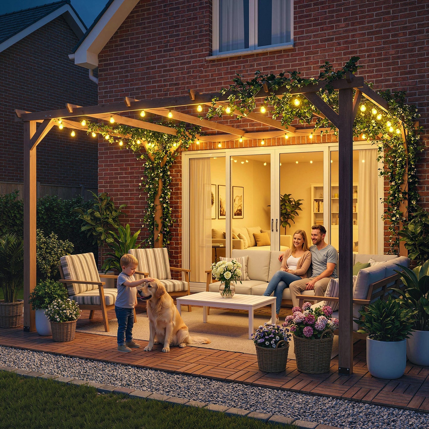 4x3 m Garden Wooden Pergola Gazebo Grape Trellis, Maple Wood-effect