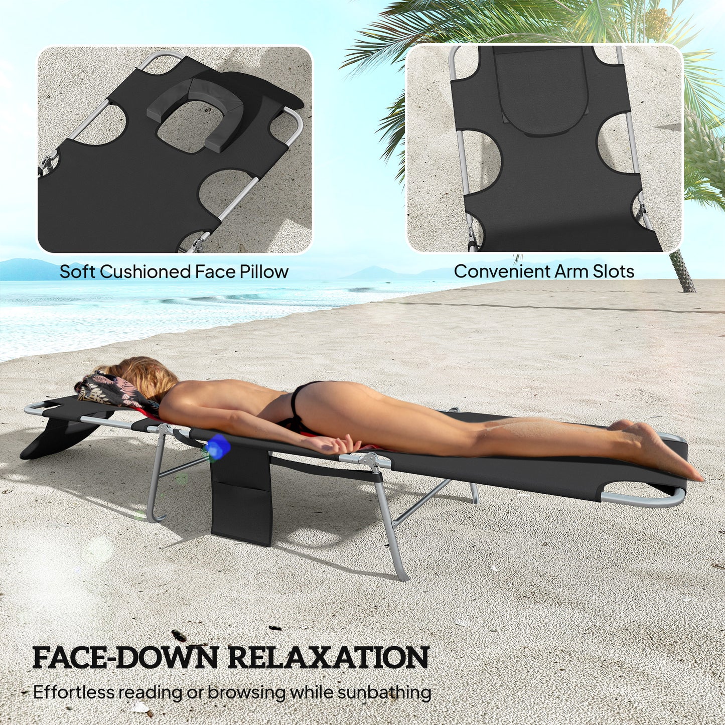 2 Sun Loungers with Reading Hole, Folding Garden Lounger, Black