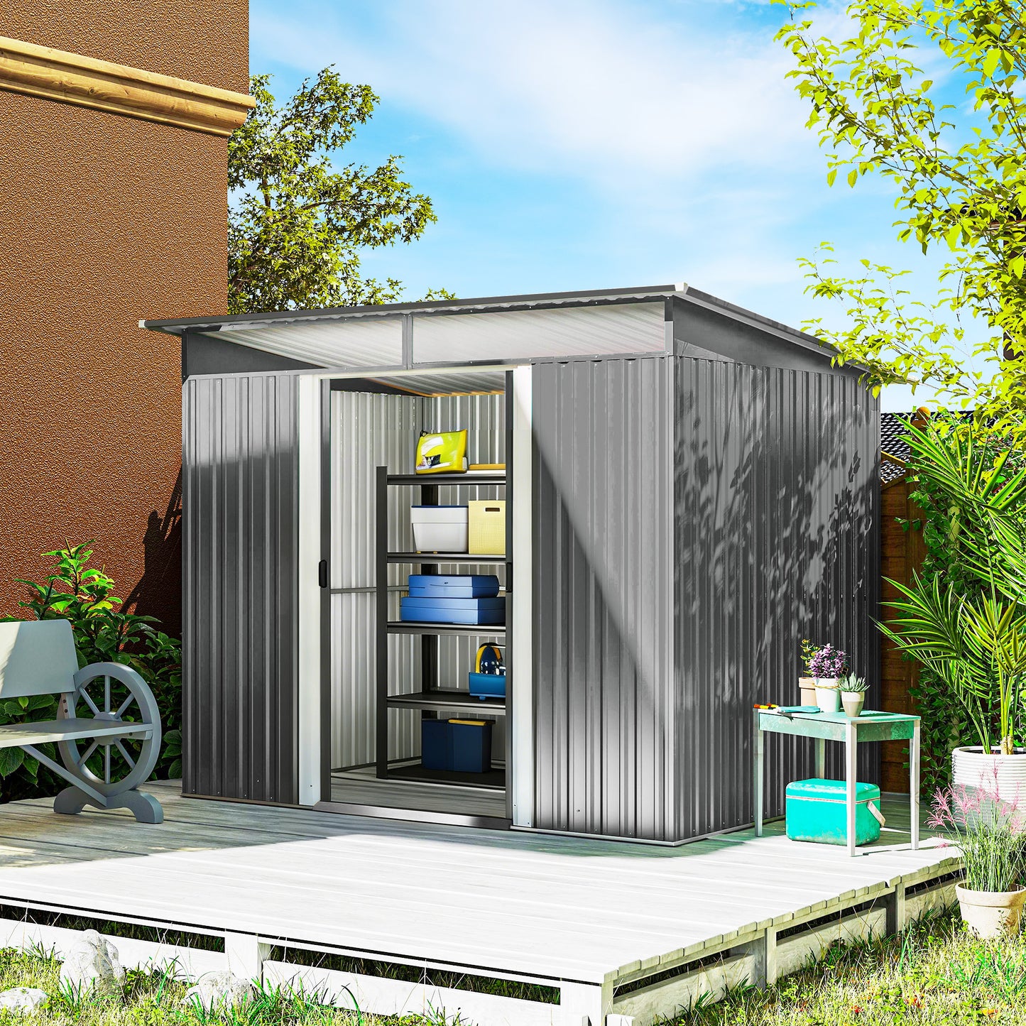 Garden Shed Outdoor Storage Tool Organiser w/ Double Sliding Door
