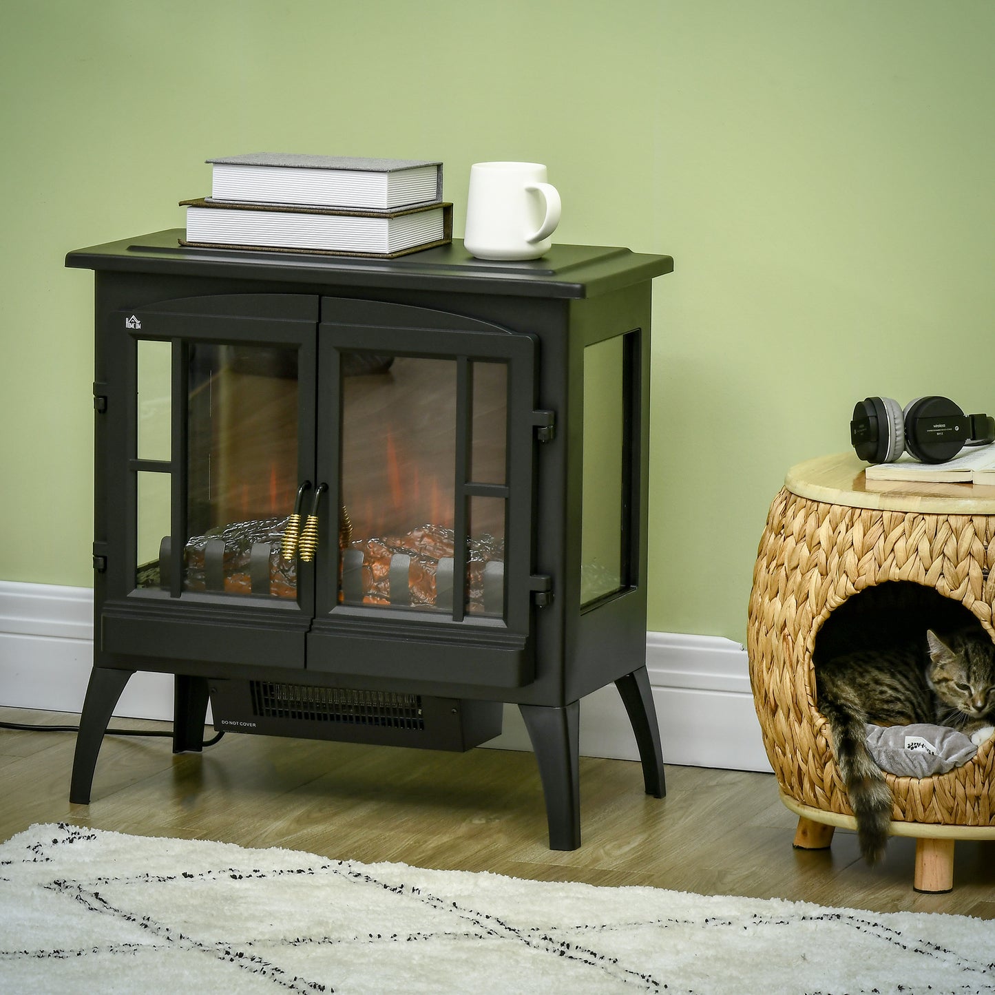 3-Sided Electric Fireplace Heater, Quiet Freestanding Fire Stove with LED Flame Effect, Level-less Temperature Control, Overheating Protection