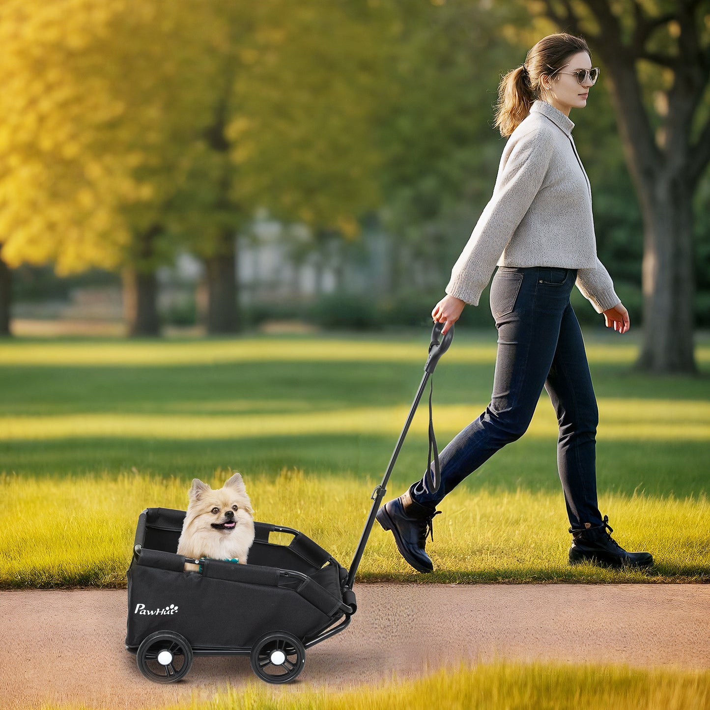 Foldable Dog Stroller with Safety Straps, Storage Bag, Black