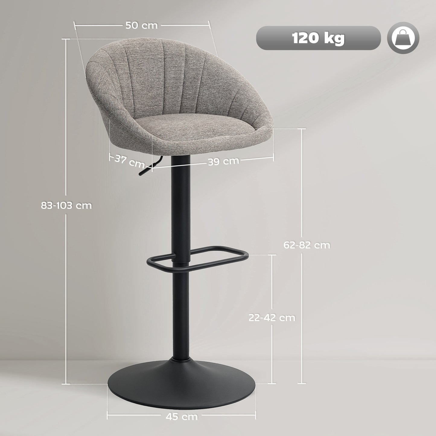 Swivel Bar Stools Set of 2 Height Adjustable Bar Chairs Grey