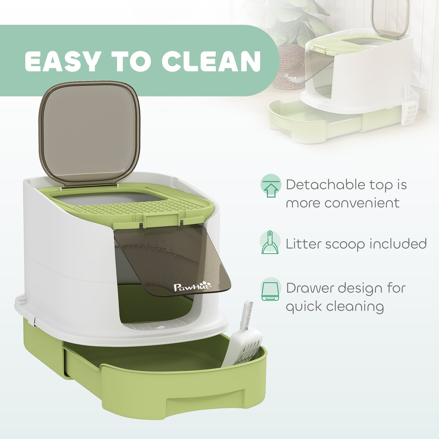 Cat Litter Box, Hooded Cat Litter Tray with Lid, Scoop, Green
