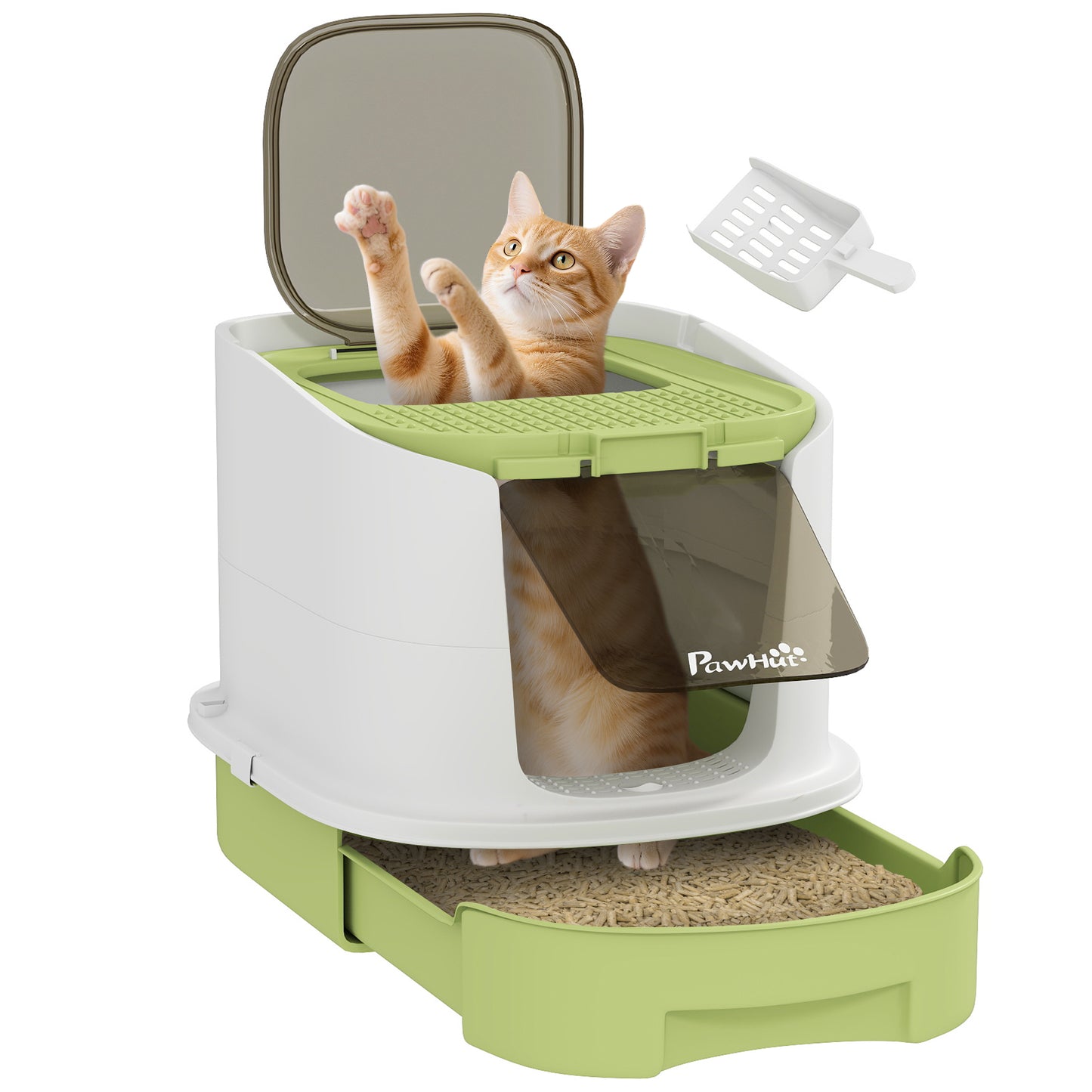 Cat Litter Box, Hooded Cat Litter Tray with Lid, Scoop, Green
