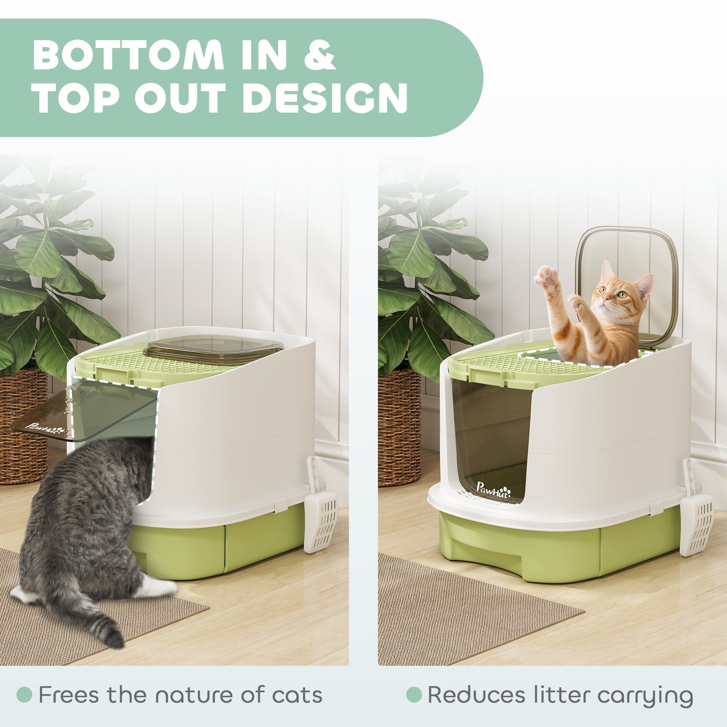 Cat Litter Box, Hooded Cat Litter Tray with Lid, Scoop, Green