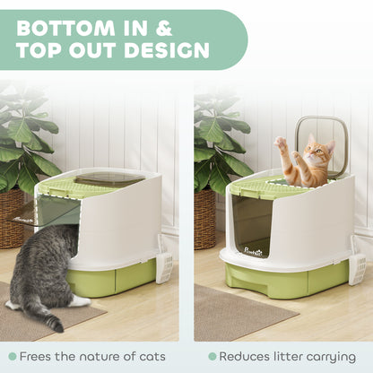 Cat Litter Box, Hooded Cat Litter Tray with Lid, Scoop, Green