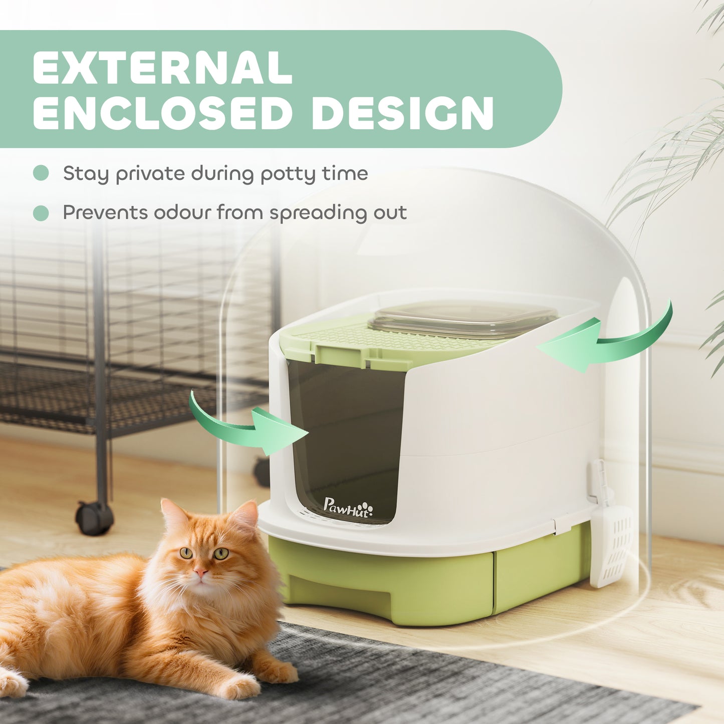 Cat Litter Box, Hooded Cat Litter Tray with Lid, Scoop, Green