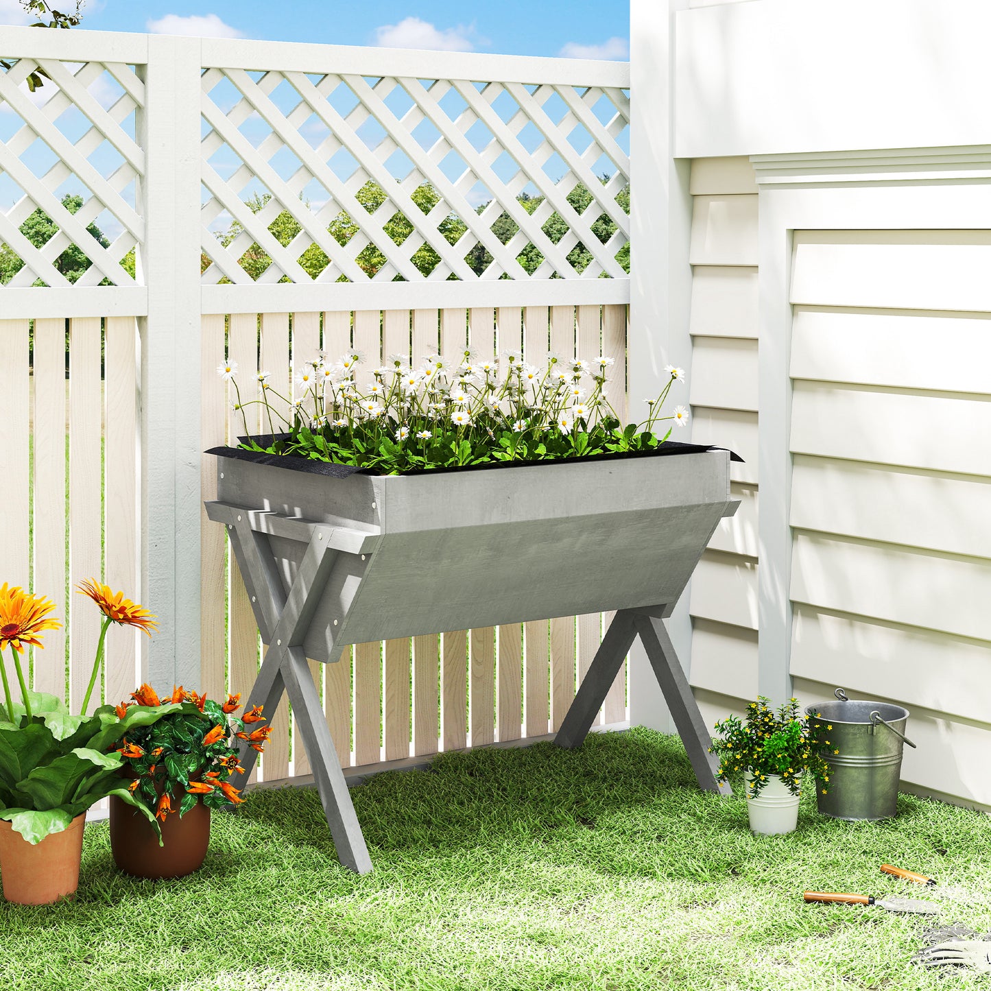 Wooden Planter Raised Bed Stand Vegetable Flower Bed, Light Grey