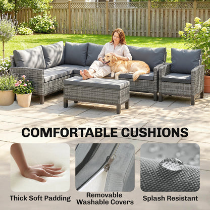 Rattan Garden Furniture Sofa Set, Outdoor Dining Set for 9, Grey