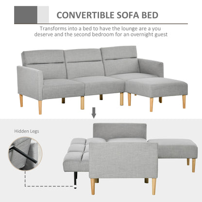 L Shape Sofa Bed Set, Linen Fabric Corner Sofa Bed with Rubber Wood Legs and Footstool, Grey