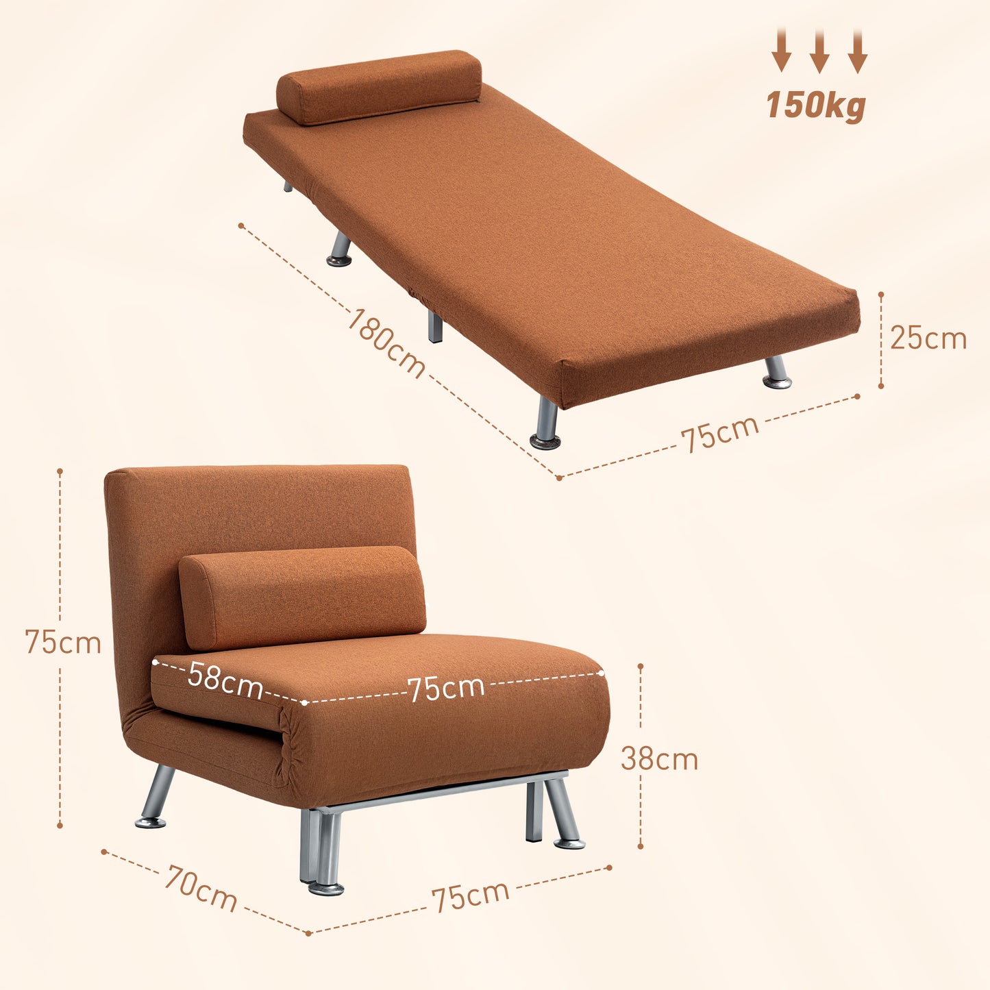 Folding 5 Position Convertible Sleeper Chair Bed Coffee