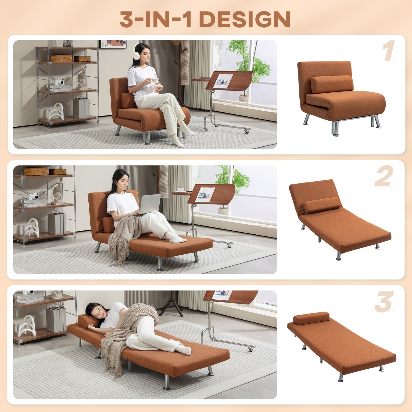 Folding 5 Position Convertible Sleeper Chair Bed Coffee