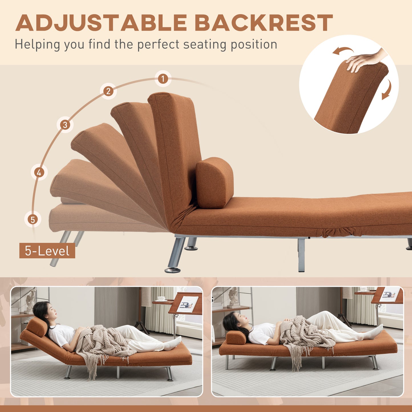 Folding 5 Position Convertible Sleeper Chair Bed Coffee