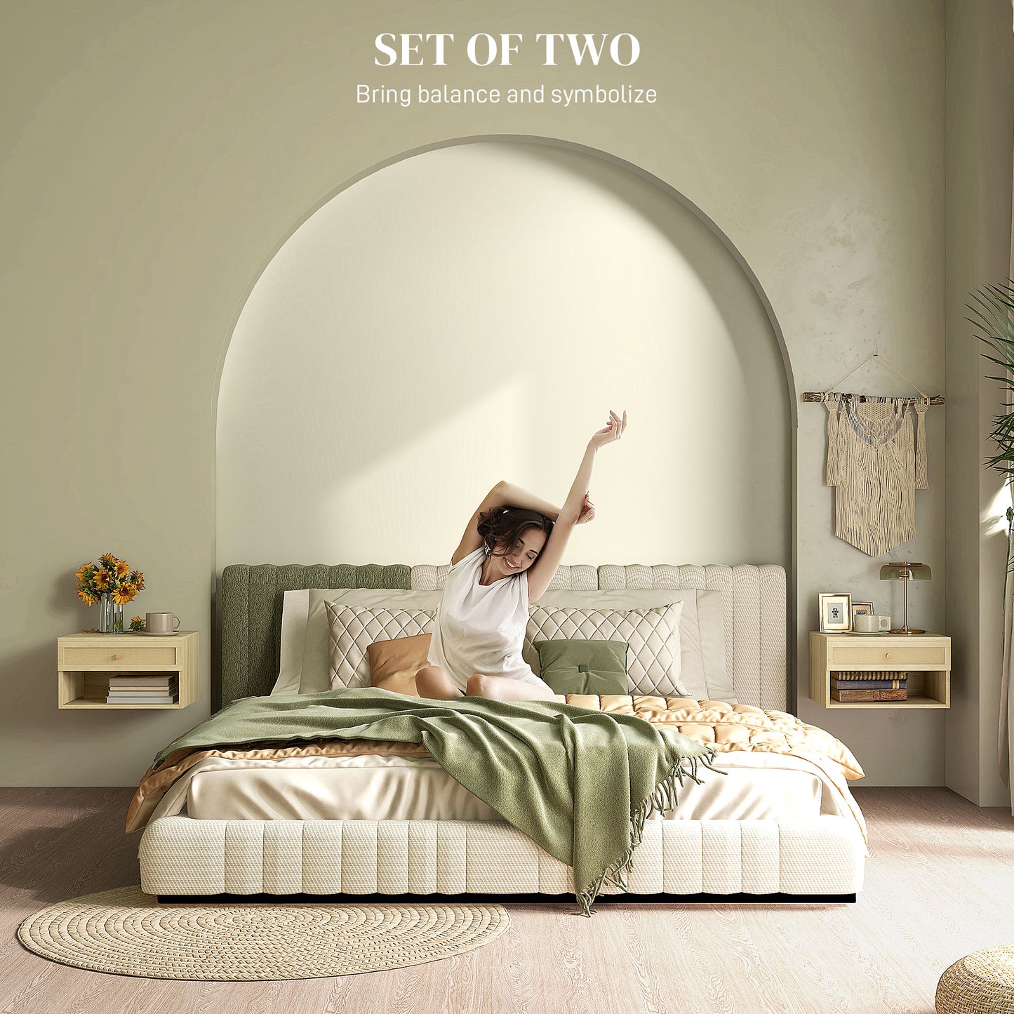 Floating Nightstands Set of 2 with Rattan Drawer and Storage Shelf for Bedroom