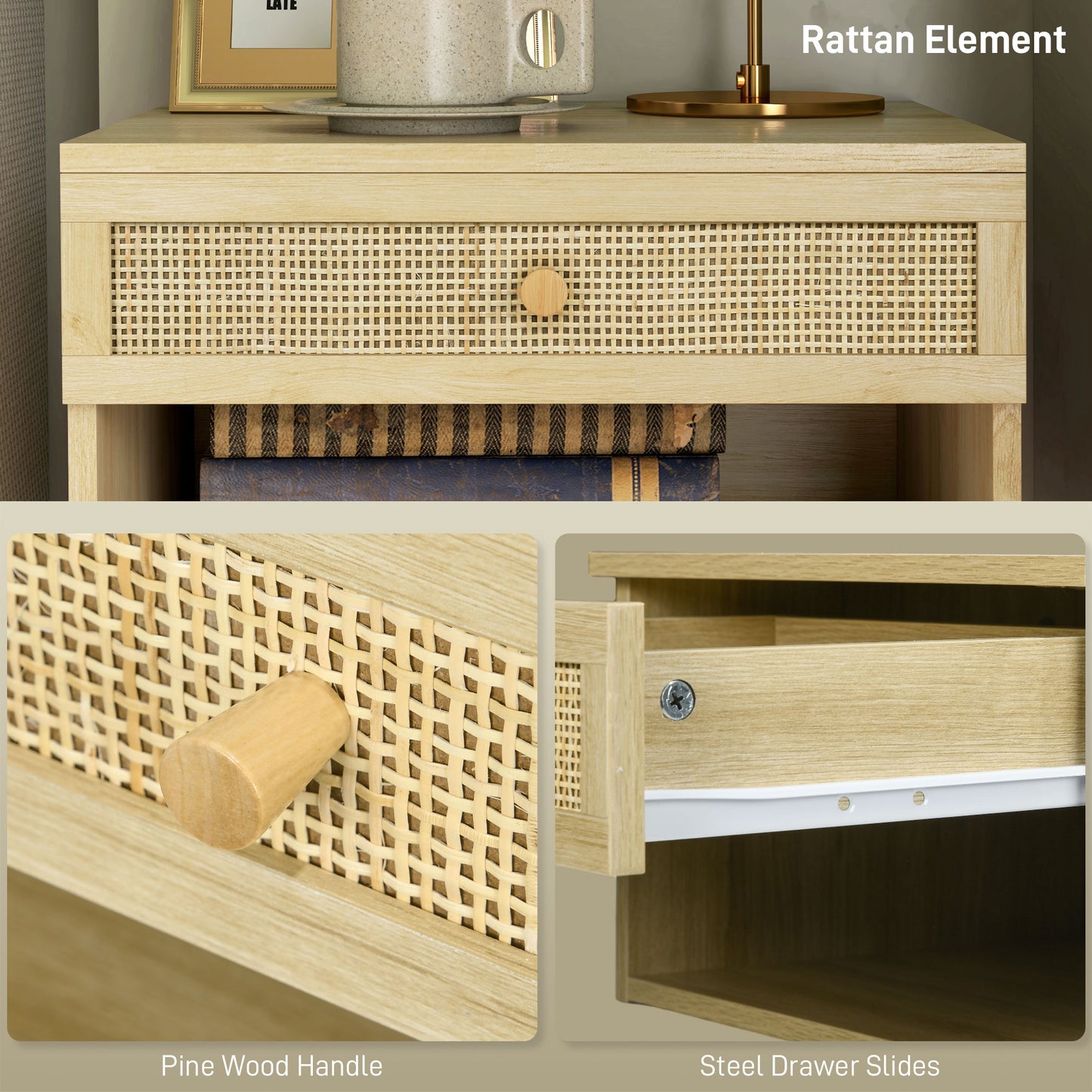 Floating Nightstands Set of 2 with Rattan Drawer and Storage Shelf for Bedroom