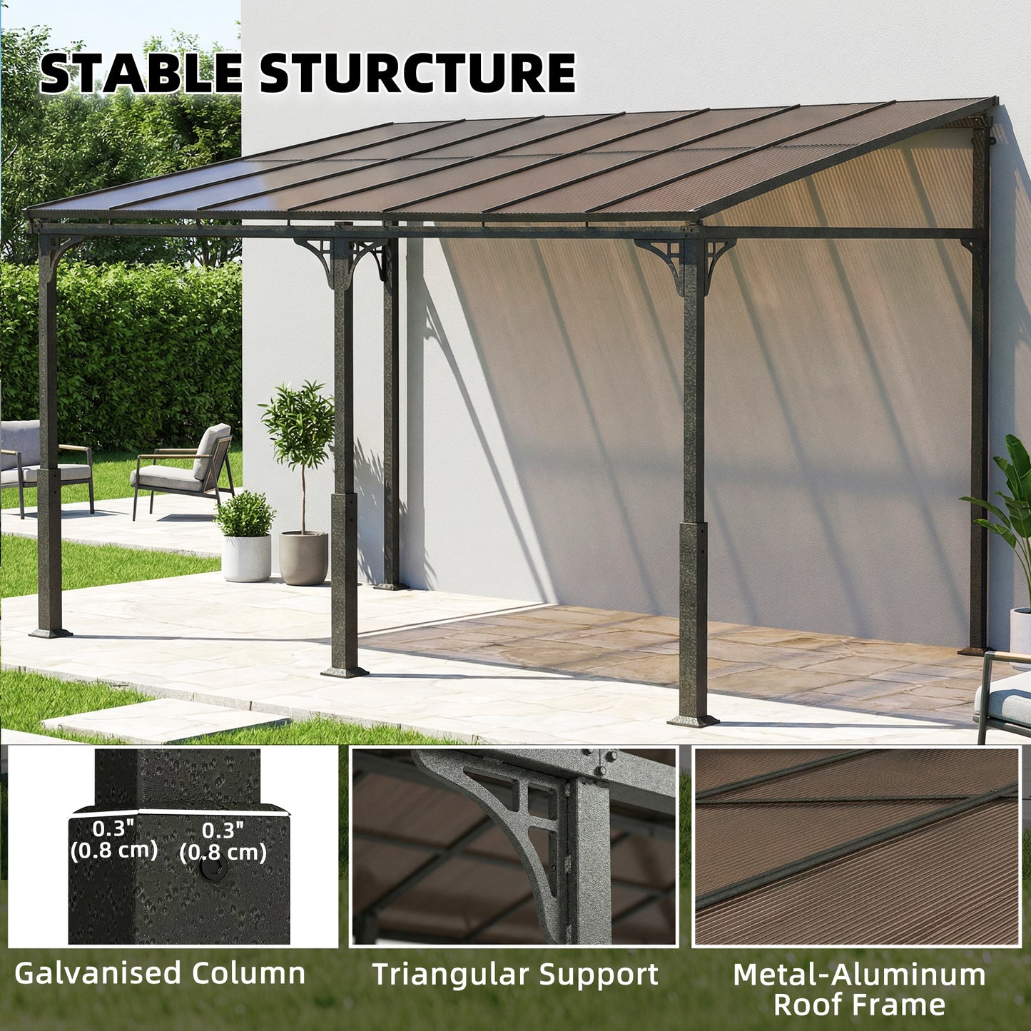4 x 3 m Metal Lean-to Hardtop Gazebo, Wall-Mounted Pergola