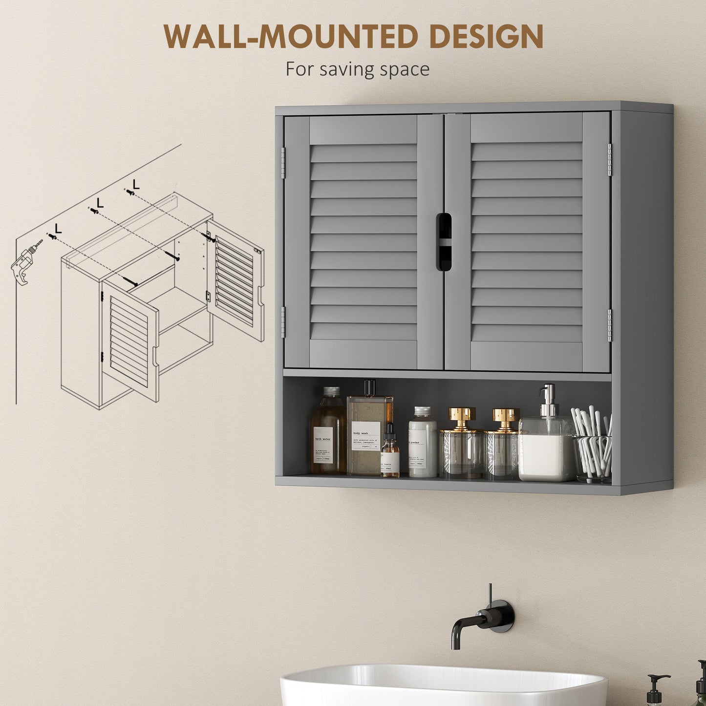 Bathroom Cabinet, Wall Mounted Cabinet with Adjustable Shelves, Grey