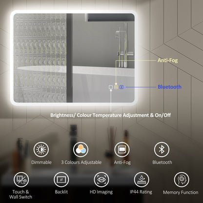 600 x 800 mm Bluetooth Bathroom Mirror with LED Lights Wall Mounted