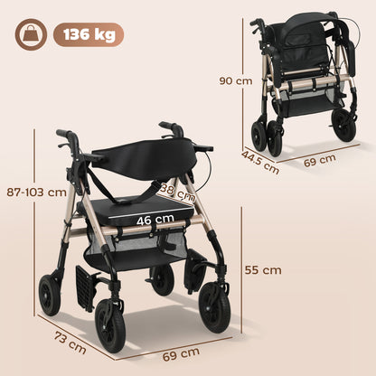 2-in-1 Mobility Walker with Seat, Foldable Rollator with Footrests