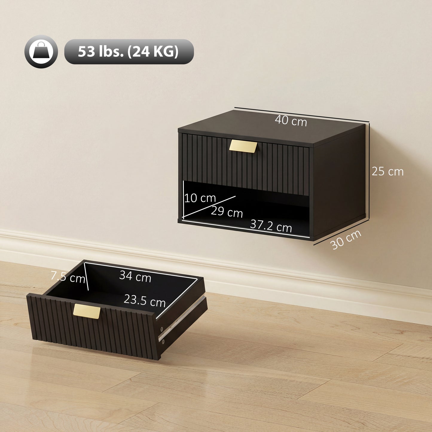 Floating Bedside Tables Set of 2 with Fluted Drawer Open Shelf Black