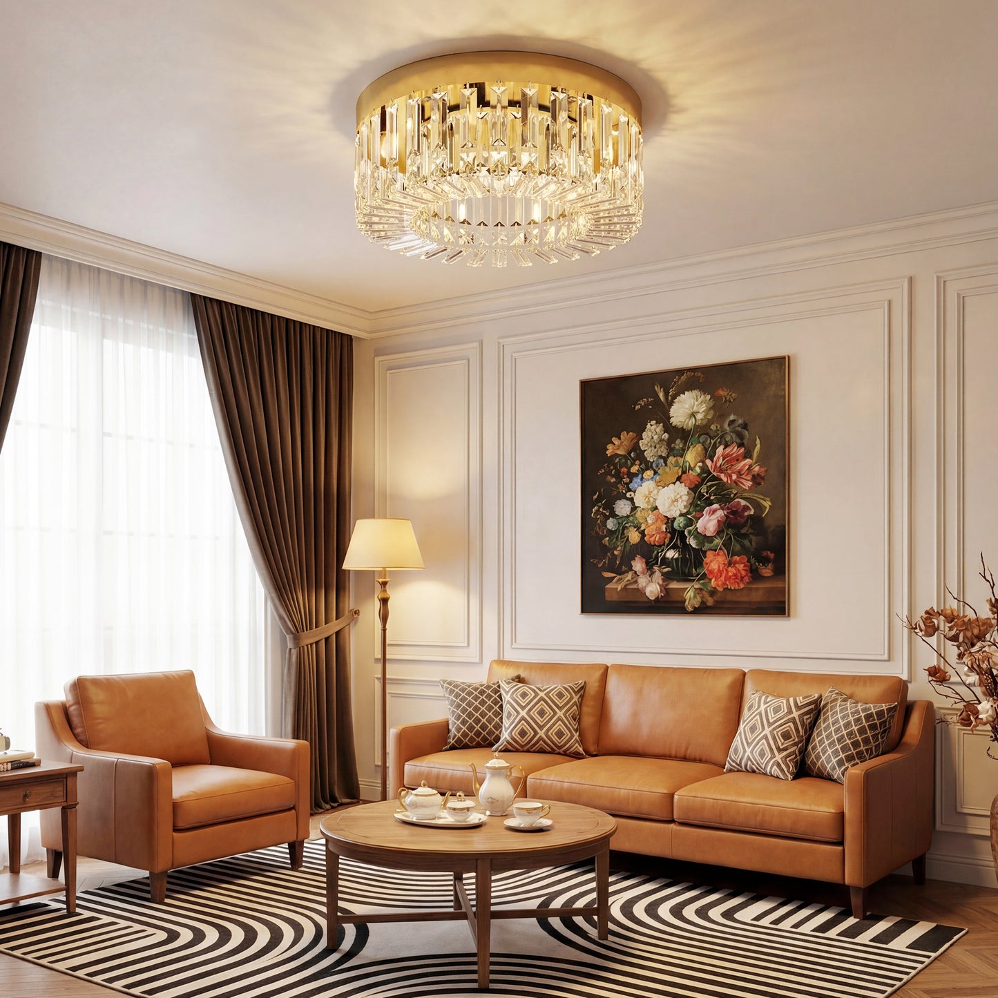 Crystal Ceiling Light with 160 Crystal Pendants, Gold Tone