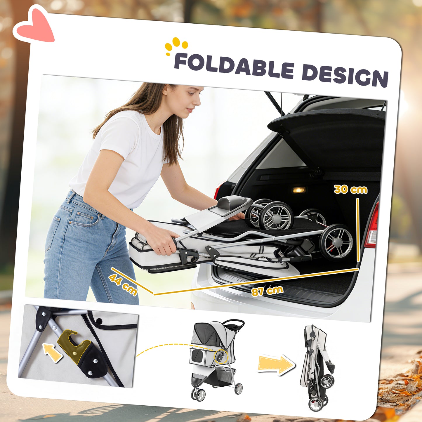 Pet Stroller Pushchair Carrier for Cat Puppy with 3 Wheels Grey