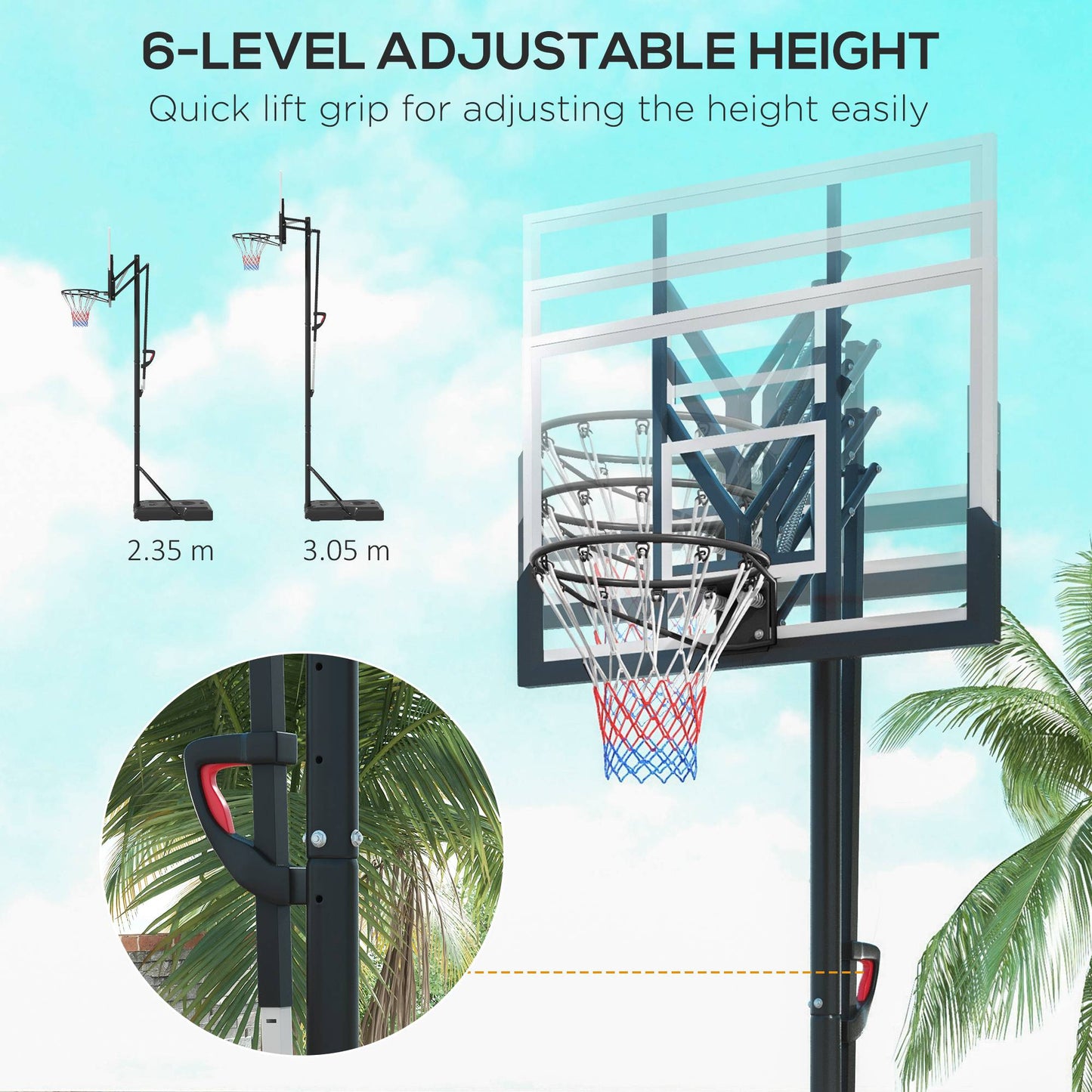 2.35-3.05m Basketball Hoop and Stand with Weighted Base and Wheels