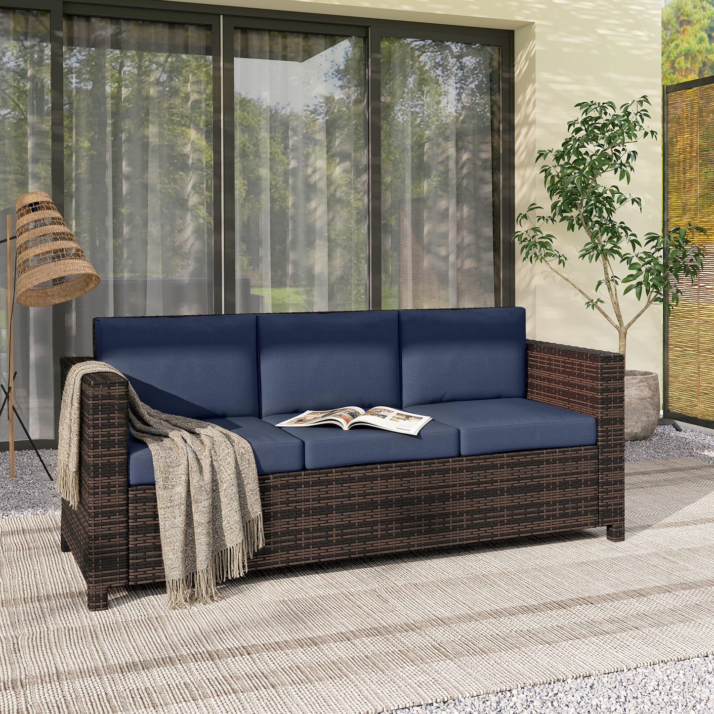 Rattan Wicker 3-seater Sofa Chair Patio Furniture, Dark Blue