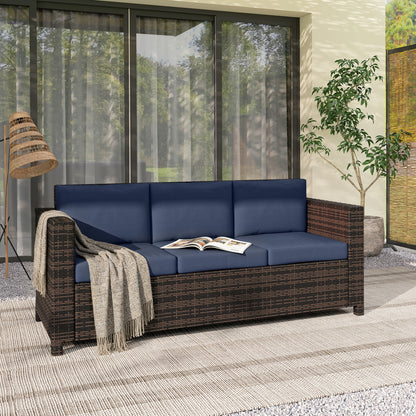 Rattan Wicker 3-seater Sofa Chair Patio Furniture, Dark Blue