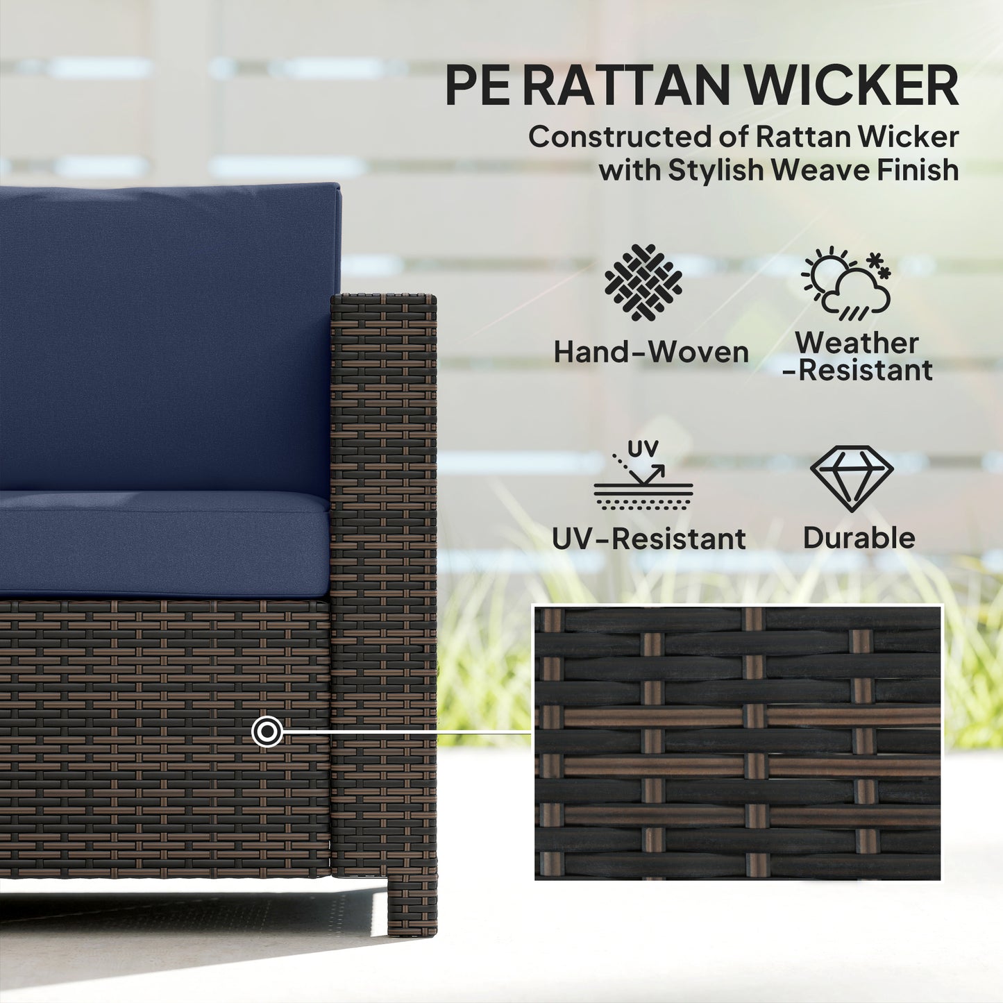 Rattan Wicker 3-seater Sofa Chair Patio Furniture, Dark Blue