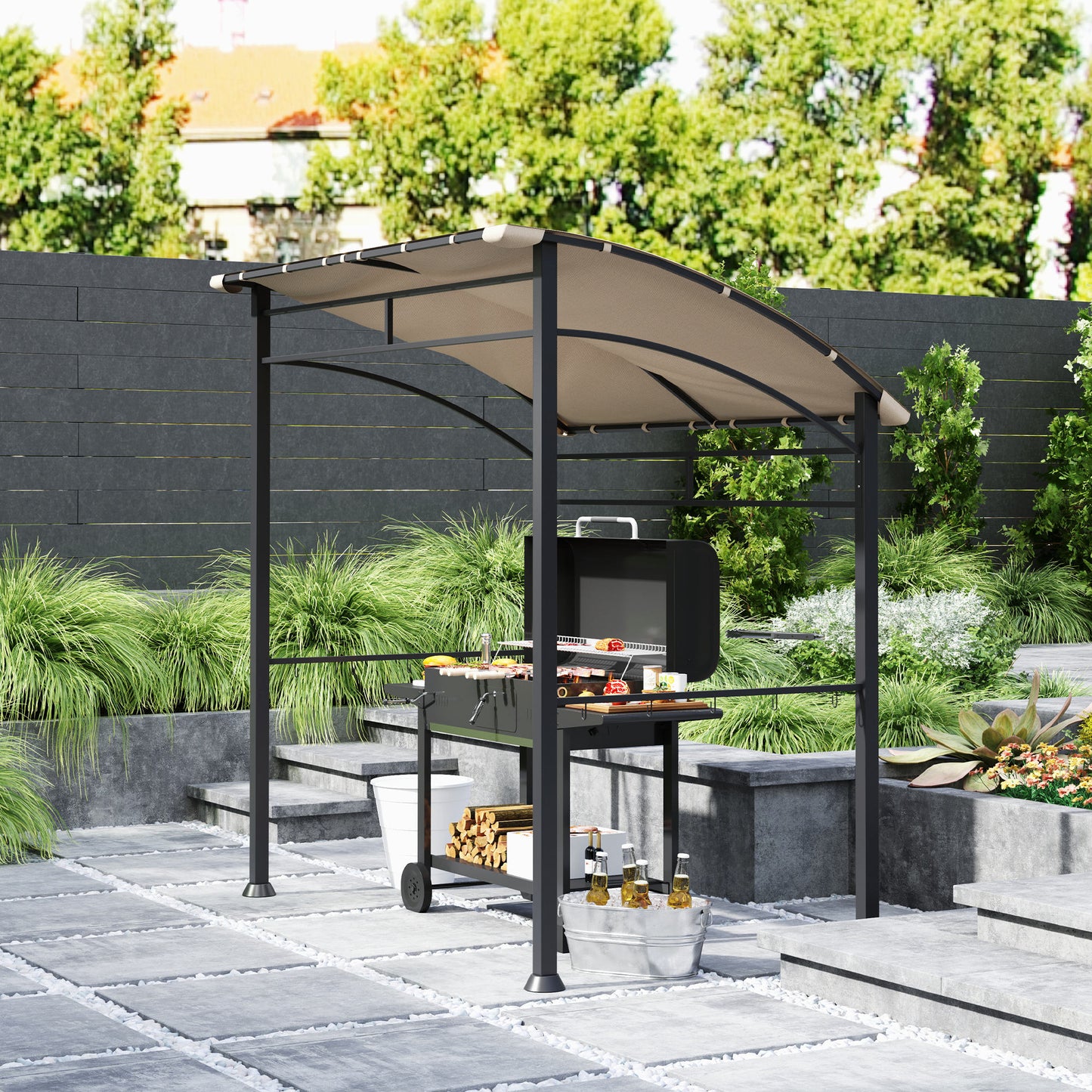 2.2 x 1.5 m BBQ Gazebo Tent Sun Shade with Canopy, Khaki