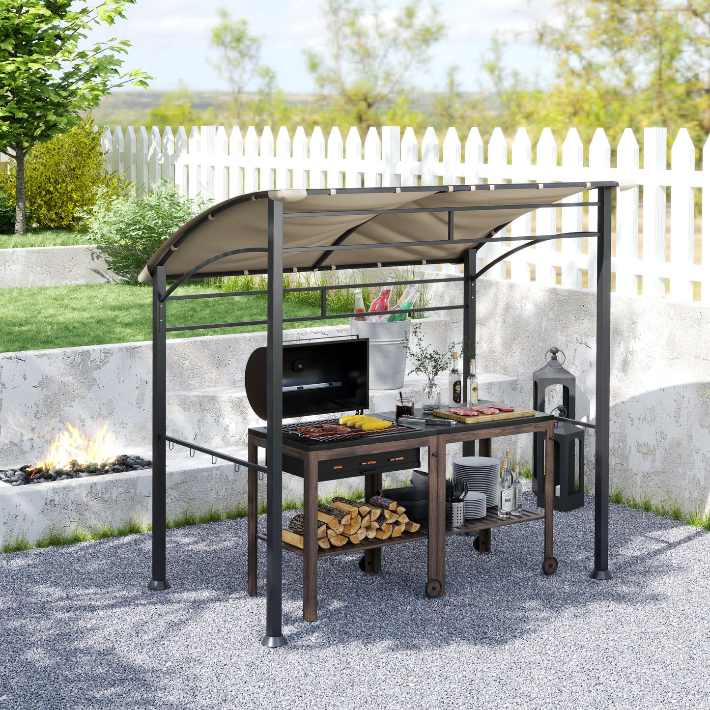 2.2 x 1.5 m BBQ Gazebo Tent Sun Shade with Canopy, Khaki