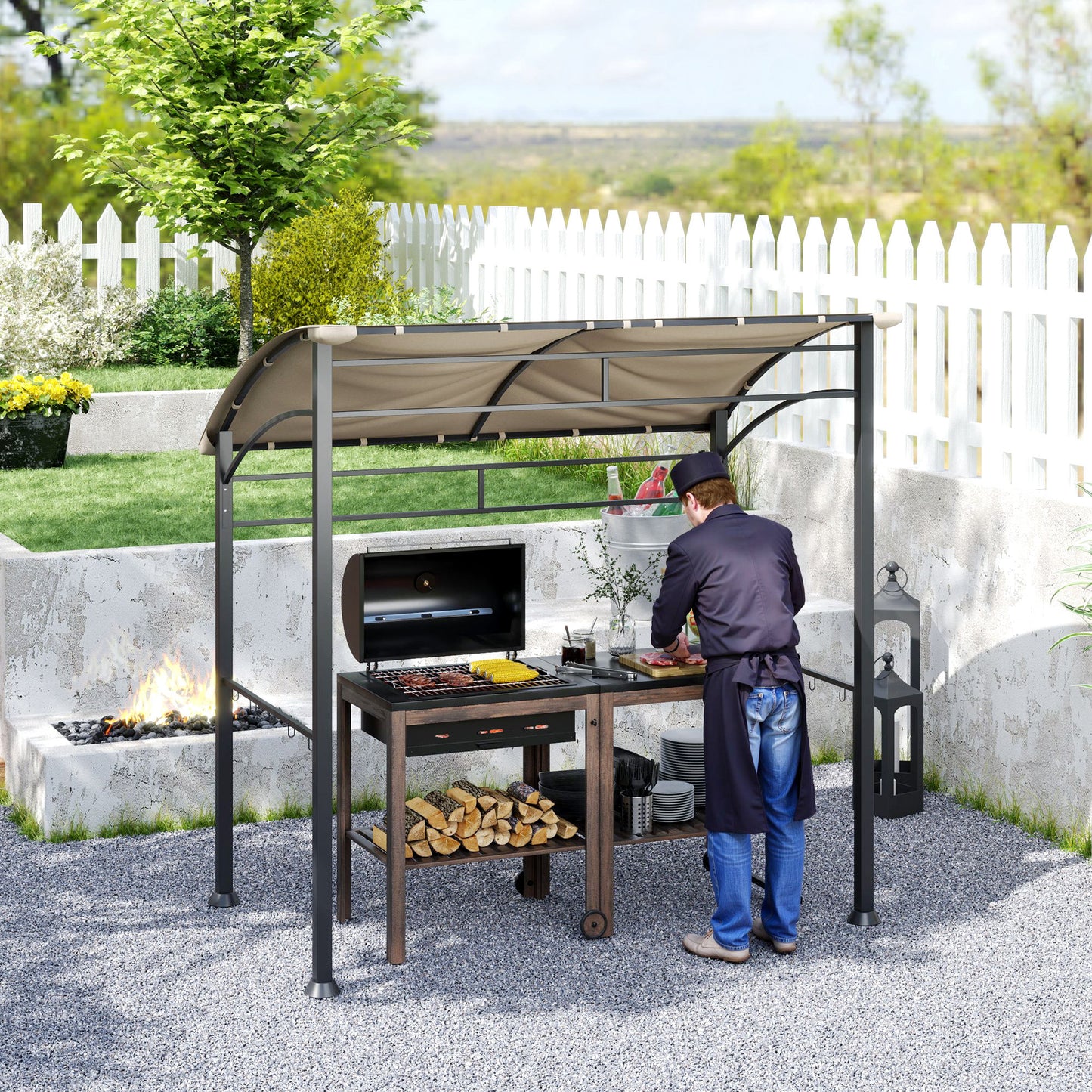 2.2 x 1.5 m BBQ Gazebo Tent Sun Shade with Canopy, Khaki