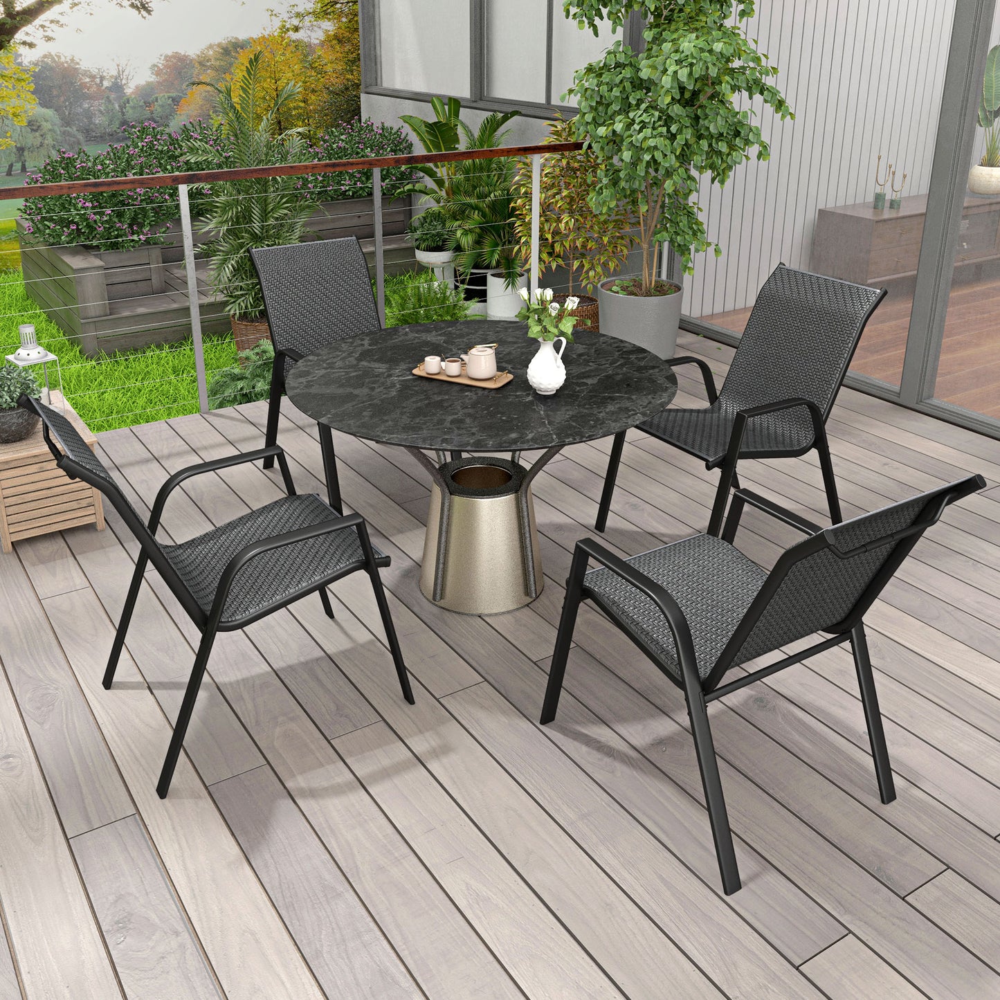 Stackable Outdoor Rattan Chairs Set of 4 with Armrests and Backrest, Grey