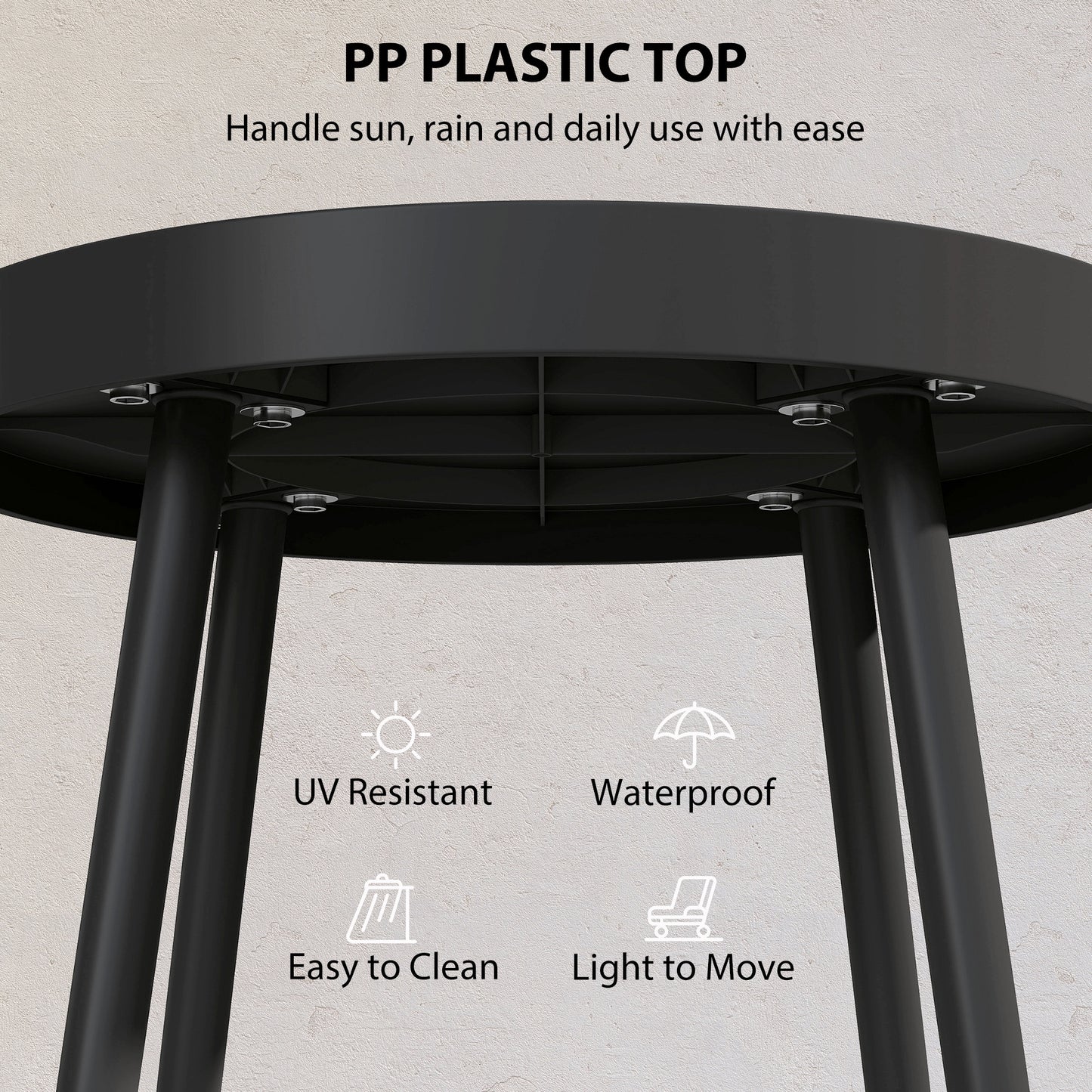 49.5 cm Round Garden Table, Small Outdoor Coffee Side Table with Plastic Tray-Style Top, Metal Legs, Garden Tables for Indoor, Patio, Porch, Balcony, Black