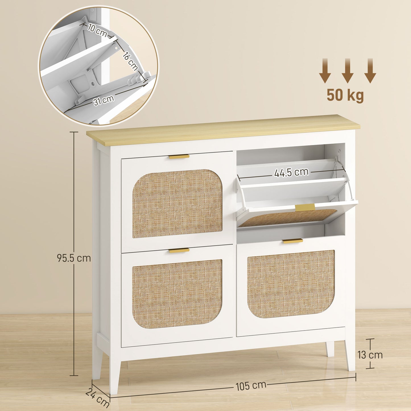 Boho Slim Shoe Cabinet with Rattan Doors, Holds 20 Pairs, White