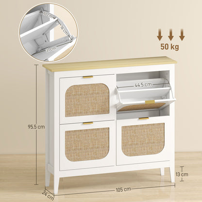Boho Slim Shoe Cabinet with Rattan Doors, Holds 20 Pairs, White