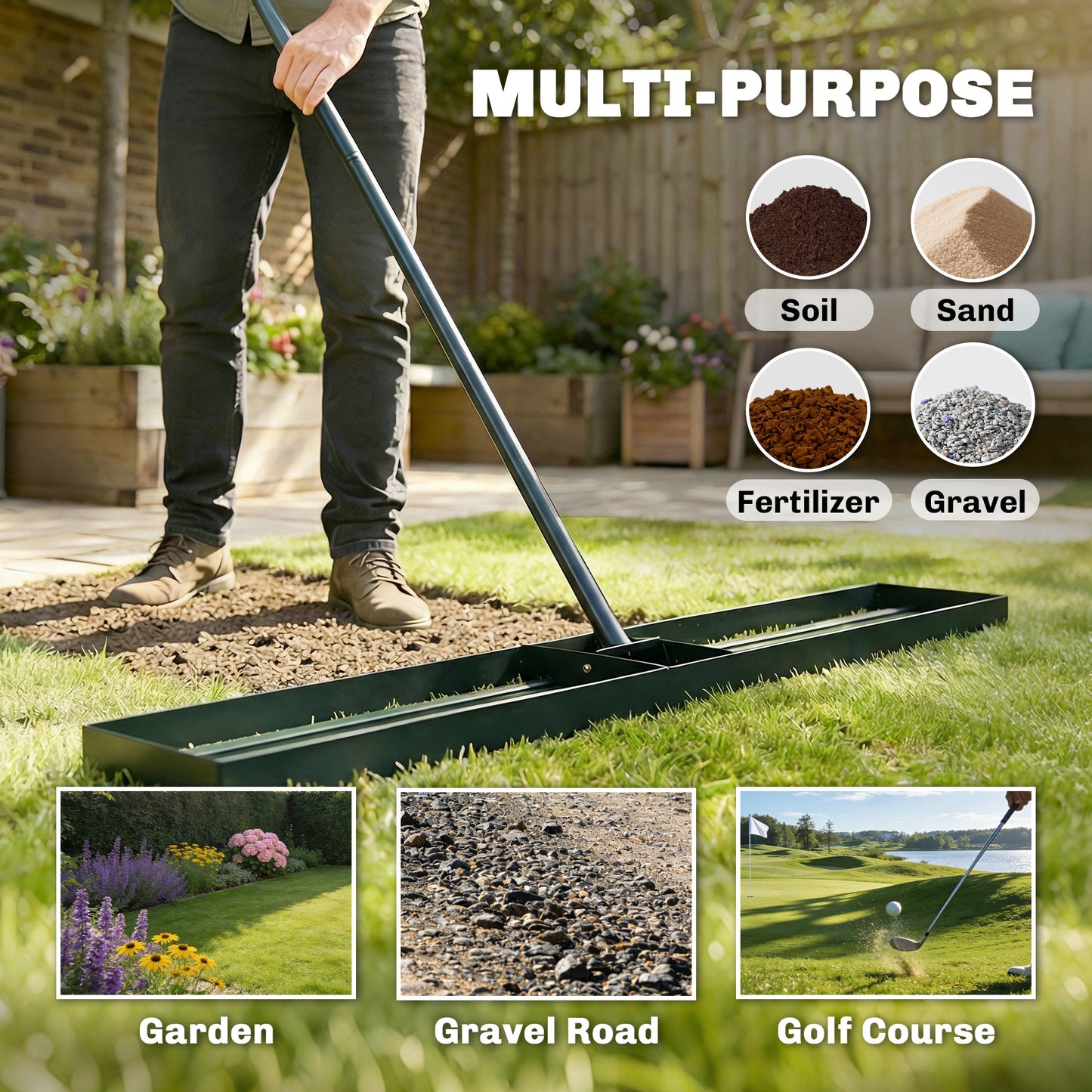 113 x 26 cm Lawn Levelling Rake with 169 cm Handle