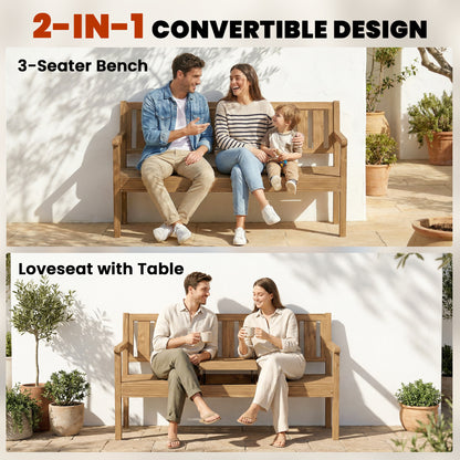 Wooden Garden Loveseat Bench with Table and Hidden Shelf, Teak